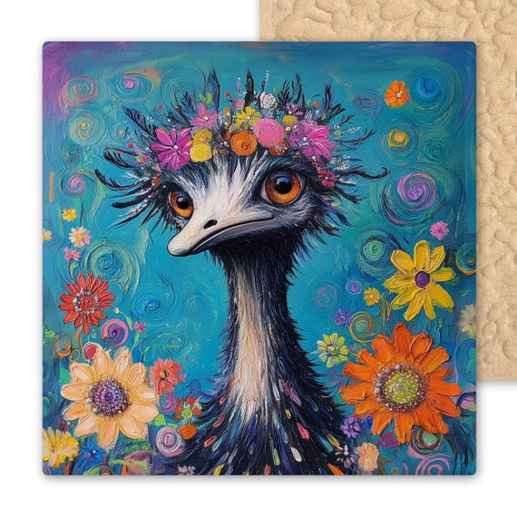 Whimsical Emu Ceramic Tile Art: Colorful Floral Crown Bird Wall Decor for Nature Lovers & Cottagecore Homes