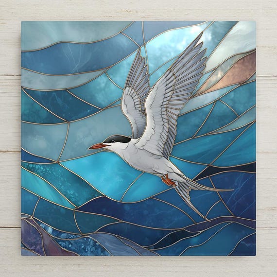 Tern Coastal Wall Art Ceramic Tile – Stained Glass Ocean Bird Decor, Nautical Beach House Wall Decor, Seaside Wildlife Art