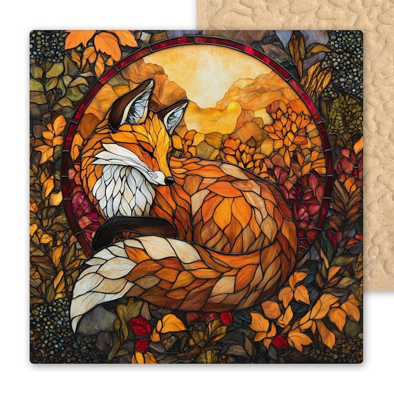 Rustic Autumn Fox Ceramic Tile - Stained Glass Woodland Wall Art - Cozy Nature Decor Gift