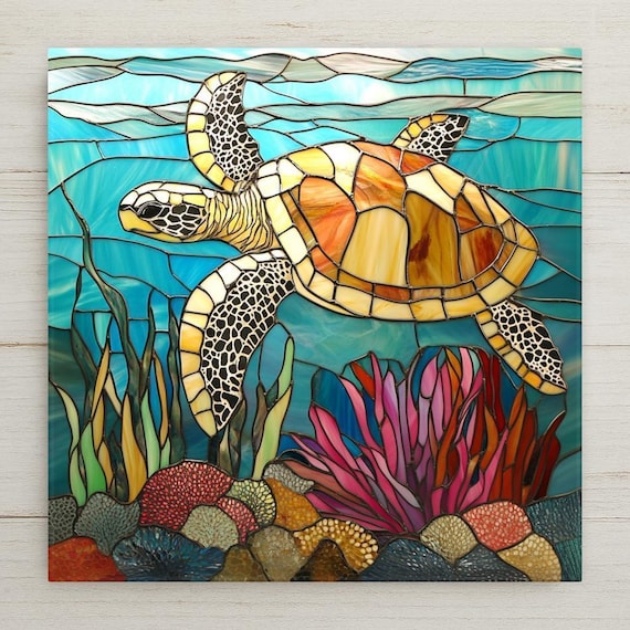 Handmade Sea Turtle Ceramic Tile: Stained Glass Ocean Reef Wall Art