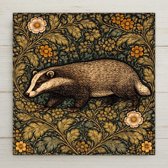Badger Woodland Wall Art Ceramic Tile – Cottagecore Forest Home Decor – Arts and Crafts Botanical Wall Art Gift