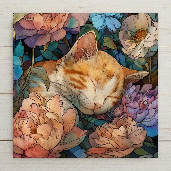 Whimsical Ceramic Cat Tile Wall Art - Home Decor Stained Glass Style Floral Feline Decor for Pet Lovers