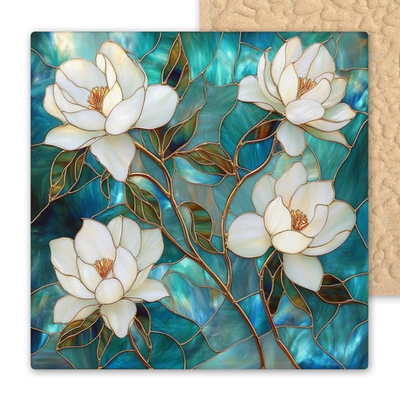 Magnolia Ceramic Tile – Art Nouveau Stained Glass Look Floral Wall Art – Botanical in White Teal and Gold - 1 of 2