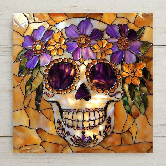 Sugar Skull Wall Art Ceramic Tile Purple Dia de los Muertos Decor Mexican Gift Day of Dead Art Floral Skull Tile