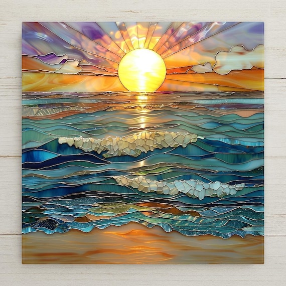Ocean Waves Sunset Ceramic Tile: Coastal Beach House Wall Art