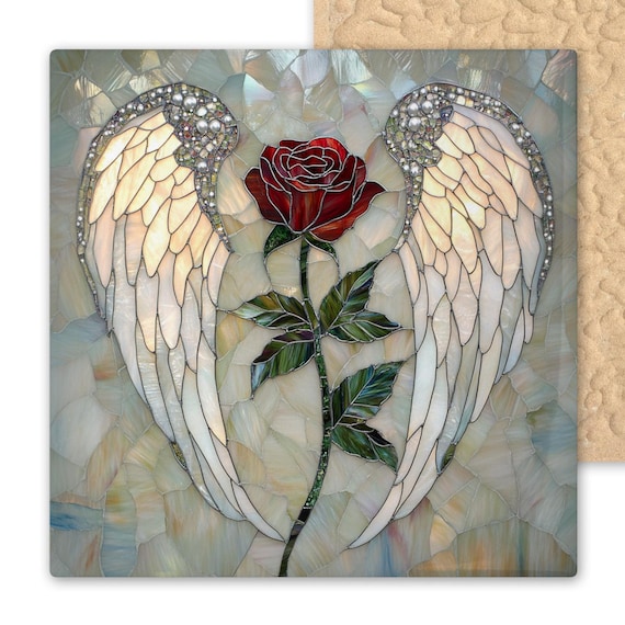Angel Wings and Red Rose Tile Art – Stained Glass Memorial Gift, Sympathy Gift, Loss of Loved One, Christian Home Decor, Angel Tile Wall Art