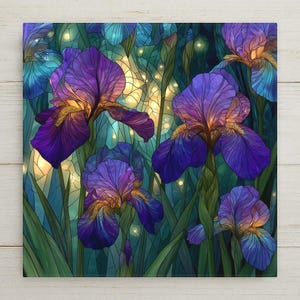 May include: A square wall art print featuring a stained glass style illustration of purple and blue iris flowers. The design includes intricate black outlines, vibrant violet petals with yellow centers, and glowing golden light accents throughout.