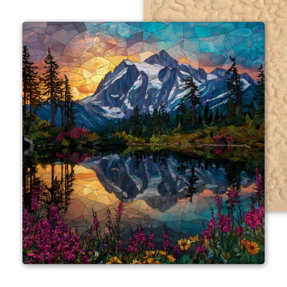 Stained Glass Style Mt Shuksan Picture Lake Tile Art with Wildflowers at Sunrise, Mountain Landscape Ceramic Wall Art Home Decor
