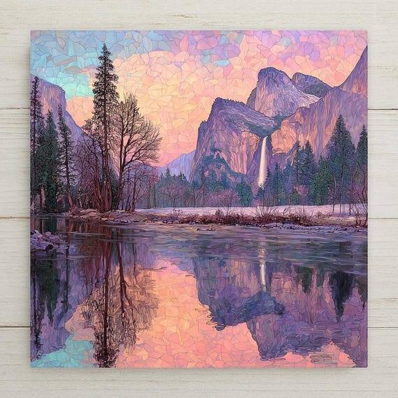Yosemite Wall Art Ceramic Tile Stained Glass Style Merced River with Yosemite Falls California National Park Décor Gift