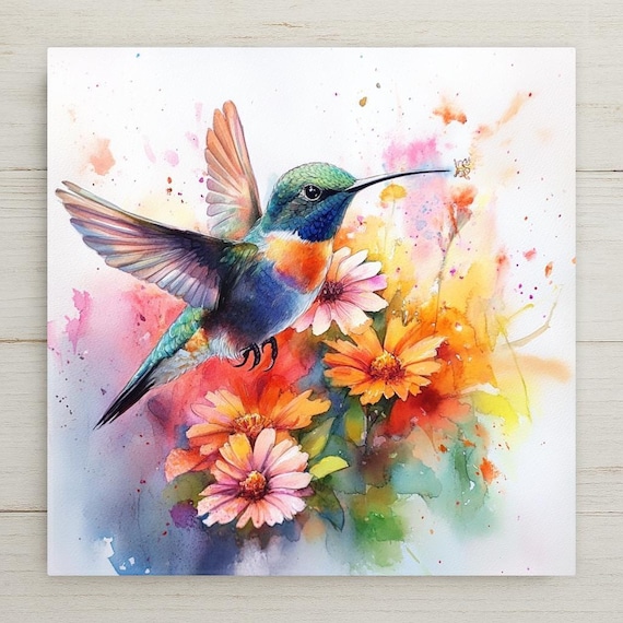 Hummingbird Ceramic Tile Art: Watercolor Floral Wall Decor