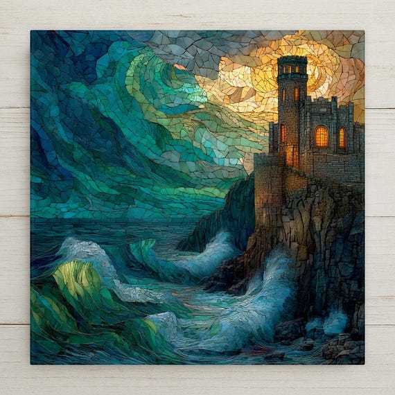 Coastal Castle Ceramic Tile Wall Art – Stained Glass Style Ocean Fortress, Castlecore Wall Decor, Home Decor Gift