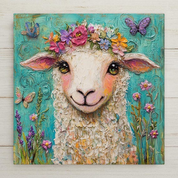 Whimsical Sheep Ceramic Tile: Floral Crown Lamb Cottagecore Wall Art