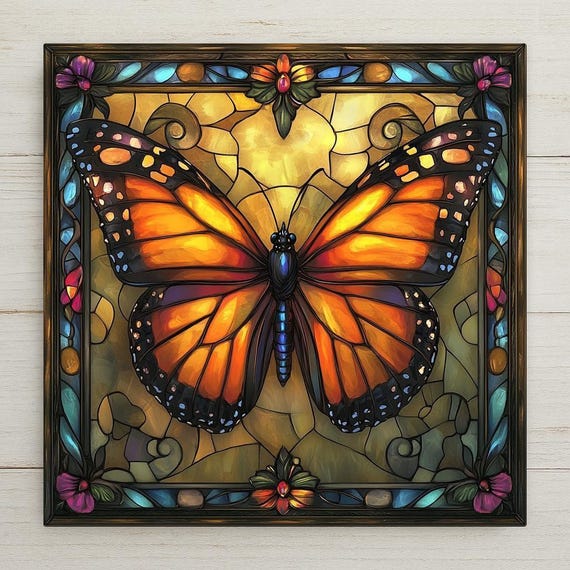Art Nouveau Monarch Butterfly Ceramic Tile: Stained Glass Inspired Wall Decor for Nature Lovers