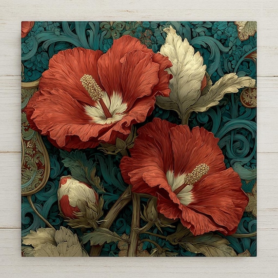 Hibiscus Wall Art Ceramic Tile Art Nouveau Gift Botanical Floral Decor Tropical Nature Art Hibiscus Lover Gift