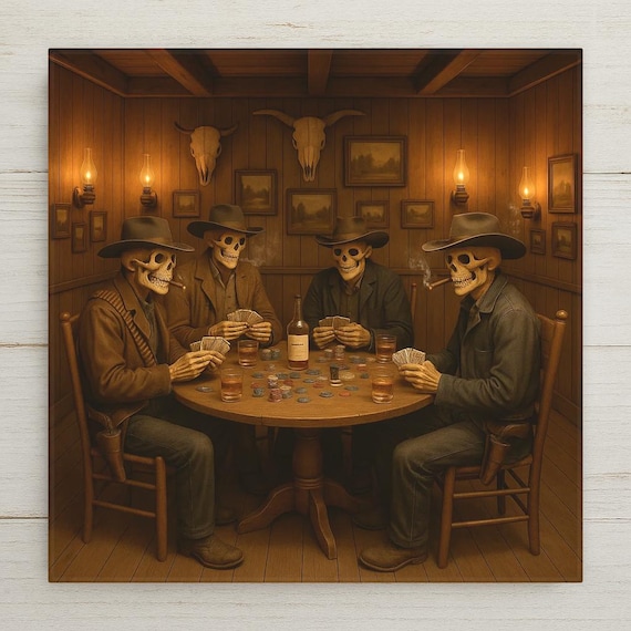 Skeleton Cowboy Poker Ceramic Tile Art: Spooky Western Decor