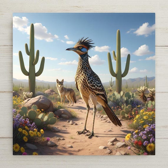 Roadrunner & Coyote Wall Art Ceramic Tile – So It Begins Desert Wildlife Decor – Southwestern Wall Decor – Desert Nature Wall Art