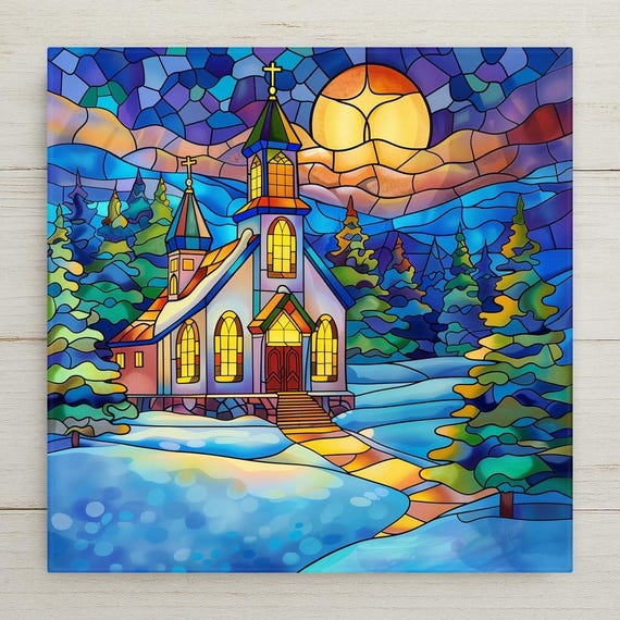 Stained Glass Winter Chapel Tile Art: Christmas Church Holiday Decor, Spiritual Gift, Seasonal Wall Hanging