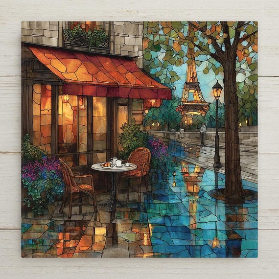 French Cafe Wall Art Ceramic Tile Stained Glass Style Coffee Lover Gift Paris Decor Travel Art Gift for Her