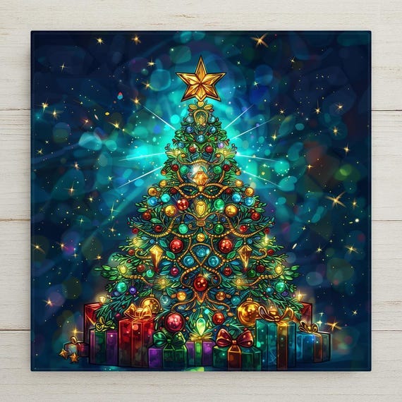 Festive Stained Glass Christmas Tree Tile: Artistic Holiday Home Decor Wall Art Ornament Gift
