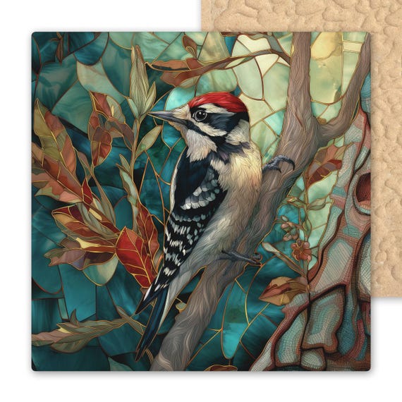 Downy Woodpecker Ceramic Tile - Art Nouveau Stained Glass Style Nature Decor for Bird Lovers