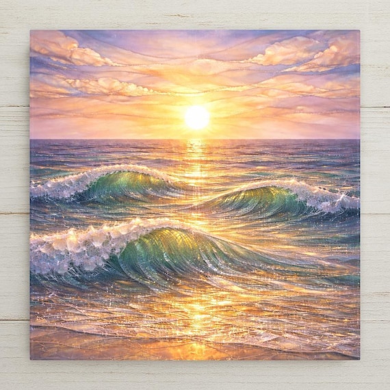 Ocean Sunset Ceramic Tile Wall Art – Stained Glass Style Beach Decor, Coastal Wave Wall Decor Home Decor Gift with Sea Waves