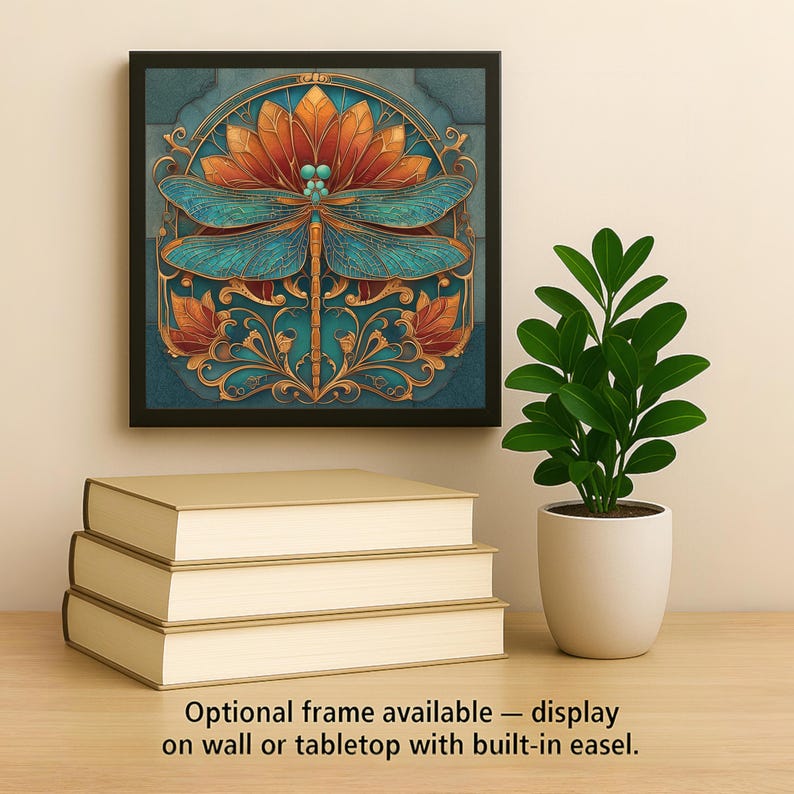 May include: A square framed wall art piece featuring a central teal dragonfly with intricate wings positioned over a large orange flower, surrounded by gold filigree accents on a blue background. The text reads: Optional frame available &mdash; display on wall or tabletop with built-in easel.