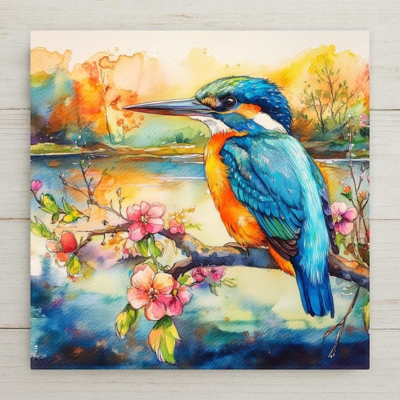 Vibrant Kingfisher Ceramic Tile Art: Cherry Blossom Branch Bird Wall Decor for Nature Enthusiasts