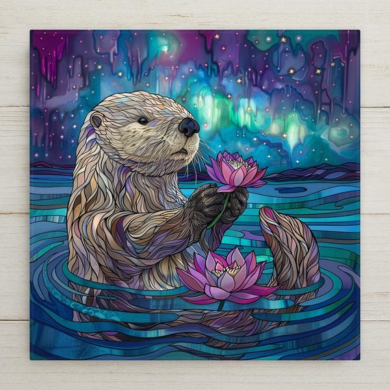 Otter Ceramic Tile Art: Stained Glass Style, Lotus & Northern Lights