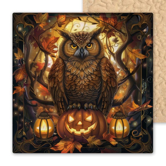 Halloween Owl Ceramic Tile: Spooky Pumpkin Art with Lanterns and Autumn Leaves Wall Decor