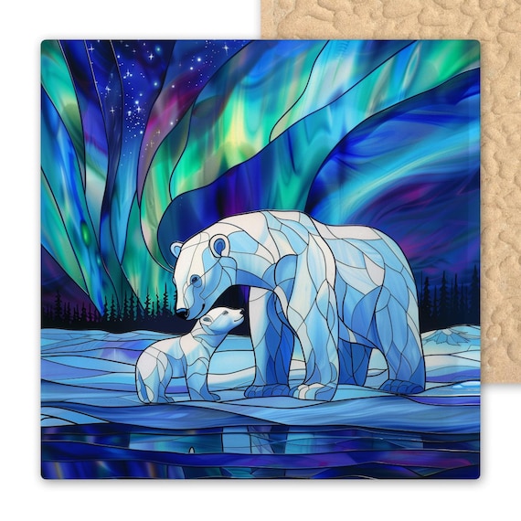 Stained Glass Polar Bear & Cub Ceramic Tile Wall Art - Arctic Winter Scene with Northern Lights