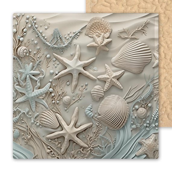 Coastal Ceramic Tile Art: Raised Starfish & Seashell Texture for Beach House Wall Decor - Nautical Ocean Accent