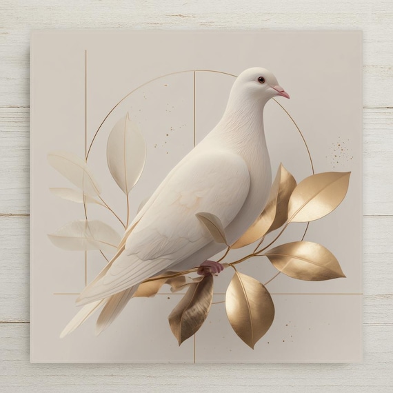 White Dove Ceramic Tile Wall Art - Modern Minimal Home Decor with Gold Accent, Peaceful Symbolic Gift Artwork