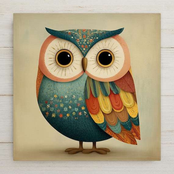 Baby Owl Folk Art Ceramic Art Tile: Sweet Nursery Wall Decor Baby Shower Gift Cottagecore Home Decor Owl Lover Bird Art