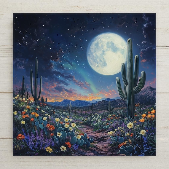 Enchanting Ceramic Desert Night Scene: Moonlit Cactus Landscape Tile Art for Southwest Wall Decor