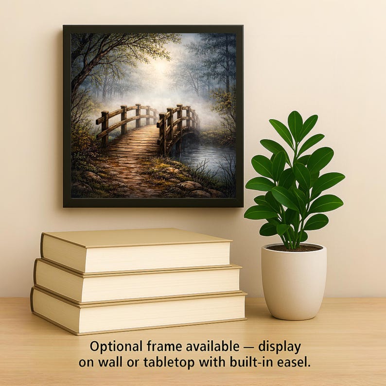 Foggy Woodland Bridge Peaceful Wall Art Ceramic Tile – Stained Glass Style, Nature Inspired Home Decor image 2