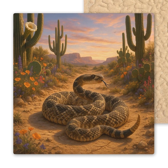 Rustic Southwest Ceramic Tile Art: Coiled Rattlesnake in Desert Landscape with Cactus - Wildlife Wall Decor