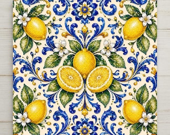Amalfi Lemon Pattern Ceramic Tile | Italian Kitchen Wall Art | Mediterranean Majolica Tile | Sorrento Citrus Patterned Decor