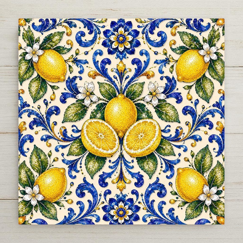 A balanced majolica spray of whole and halved lemons with white blossoms and green leaves in cobalt blue and yellow on a soft cream tile.