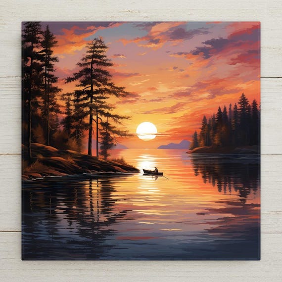 Lake Sunset Canoe Scene Ceramic Tile: Rustic Cabin Decor