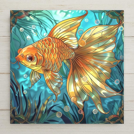 Handcrafted Goldfish Ceramic Tile Wall Art: Boho Aquatic Bathroom Decor, Tropical Nature-Inspired Accent