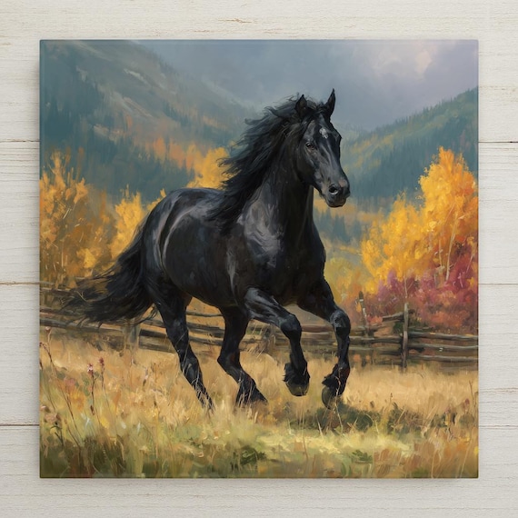 Black Horse Ceramic Tile Wall Art - Western Rustic Farmhouse Autumn Landscape Decor Gift for Equestrian Lovers