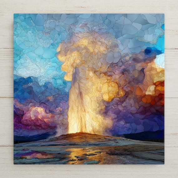 Yellowstone Old Faithful Geyser Ceramic Tile Wall Art: National Park Stained Glass Style Nature Decor