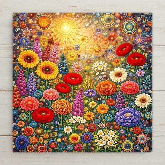 Botanical Wall Art Ceramic Tile – Vibrant Floral Meadow Mosaic, Colorful Flower Garden, Nature Inspired Stained Glass Style, Home Decor