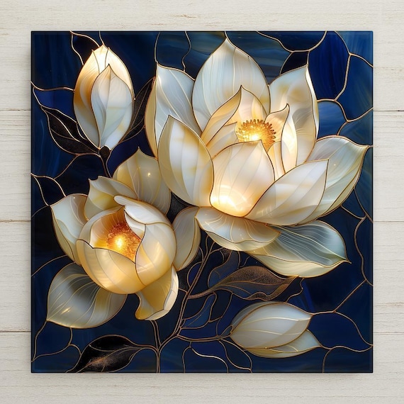 White Magnolia Wall Art Ceramic Tile – Stained Glass Floral Decor, Elegant Blue Botanical Home Decor, Classic Farmhouse Wall Decor