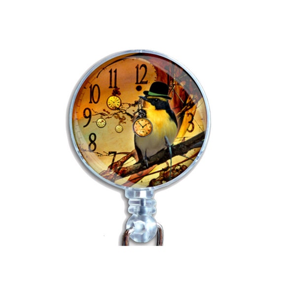 Badge Reel ID Retractable Name Card Holder Steampunk Finch Bird WIth Hat Clocks