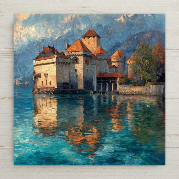 Chateau Chillon Wall Art Ceramic Tile Switzerland Gift Swiss Castle Decor Lake Geneva Art Europe Gift Tile