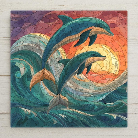 Dolphin Ceramic Tile Wall Art - Stained Glass Mosaic Ocean Sunset Design, Coastal Beach House Nautical Gift Decor