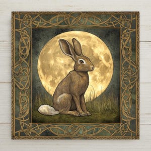 Celtic Hare Ceramic Tile: Handmade Knotwork Moon Art