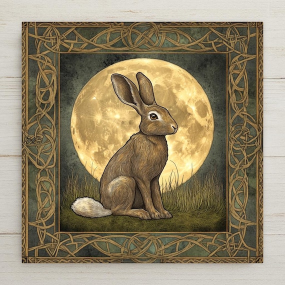 Celtic Hare Ceramic Tile: Handmade Knotwork Moon Art