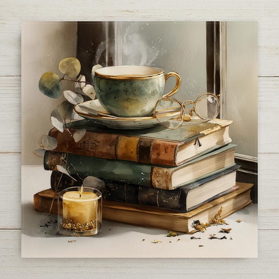 Stacked Books and Tea Ceramic Art Tile: Light Academia Bookshelf Book Nook Wall Decor Gift for Her Cozy Reader Home Decor